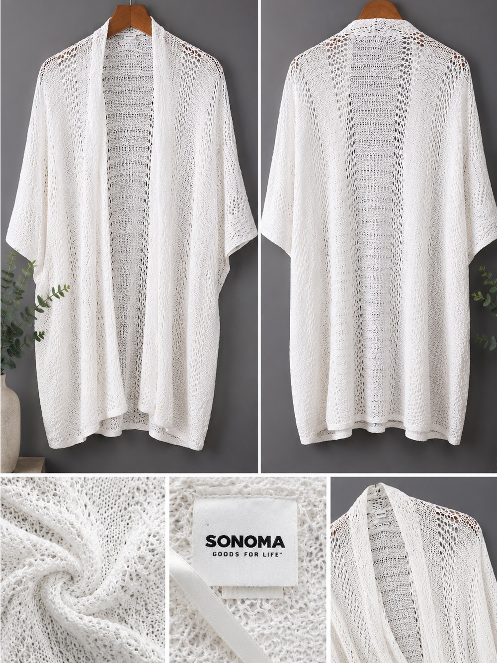 Sonoma White Open Knit Cardigan Shawl Sweater Kimono Cover Up One Size NWOT